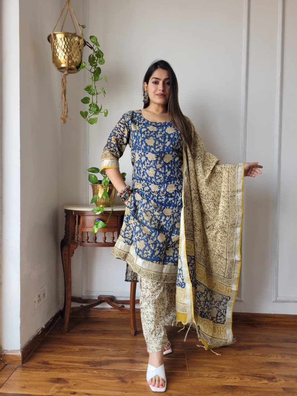 Blue Bagru Hand Block Printed Linen Suit Set